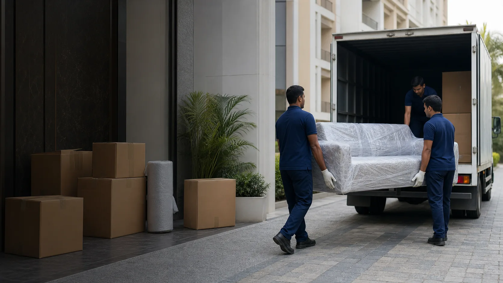 Professional movers carefully loading a wrapped sofa into a moving truck