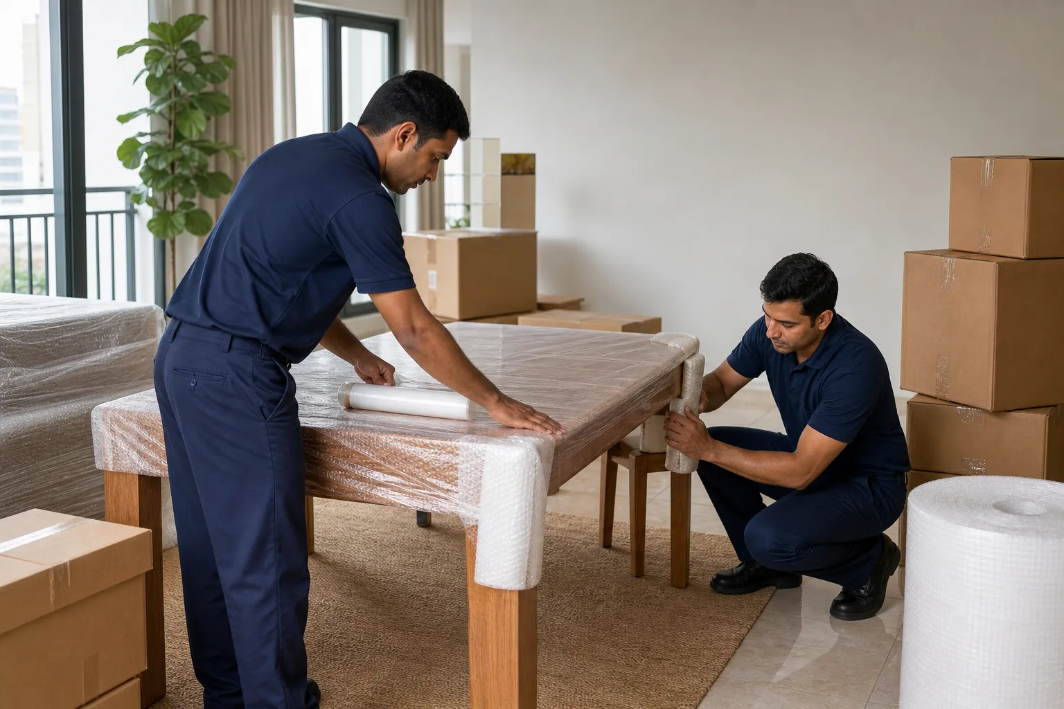Professional movers carefully protecting a dining table during packing
